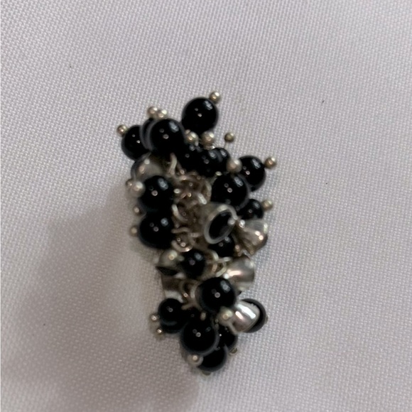 Silver Tone Fashion Stretch Ring With Black Beads & Rhinestones Women's Exc Cond - Picture 3 of 3